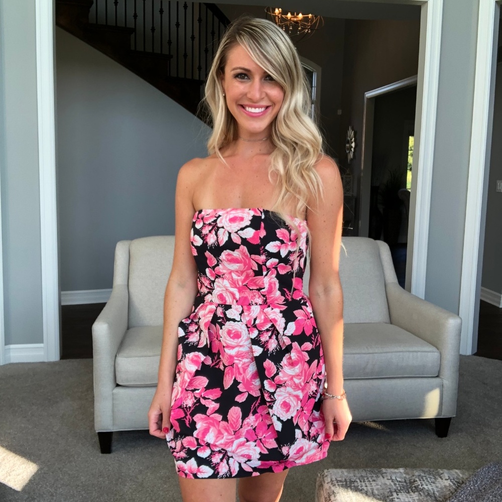 Black and Pink Floral Strapless Dress